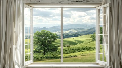 Open window with billowing curtains and a view of rolling hills © Heinan Drawings