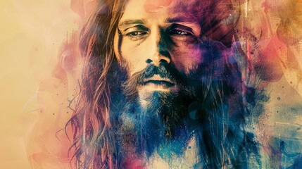 jesus christ portrait with long beard and mustache abstract background