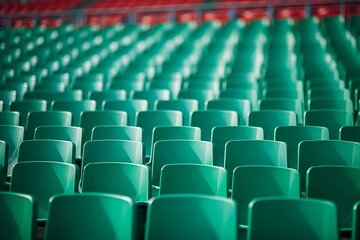 Fototapeta premium Empty green seats at a sports stadium, showcasing repetition and perspective