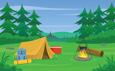 Camping in nature. Rest in the forest with a tent. Cooking food on a fire. Accessories for traveling in nature.