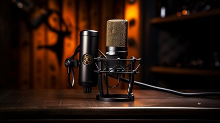 Studio microphone technology blue backgroud, singing
