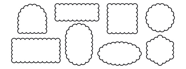 Scallop edge border frame. Rectangle, square, circle, oval, arch, hexagon shapes. Vector illustration isolated on white background.