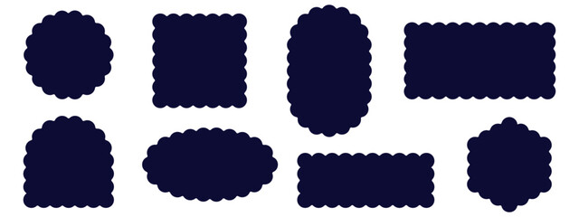 Set of rectangular, round, oval and square scalloped frames. Zig zag Wavy Edge. Abstract elements for tag, stickers. Vector illustrations set isolated on white background.