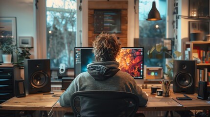 Entrepreneur working in a modern home office, large monitor with design software, focused and productive ambiance