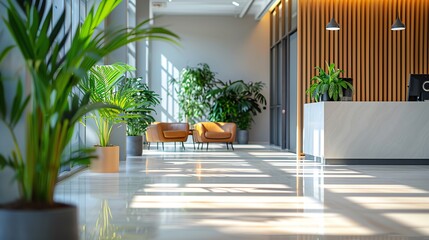 Modern office lobby with stylish furniture, green plants, and a welcoming receptionist, bright and inviting ambiance