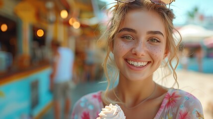 happy beautiful woman eating ice cream in street wearing summer shirt, advertising for ice cream brand summer concept, on pink background