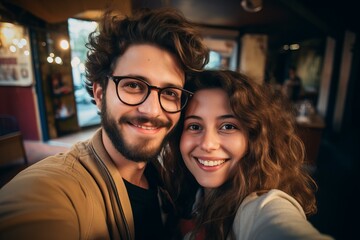 Happy young couple captures a smiling selfie together with a warm, ambient café background - Powered by Adobe