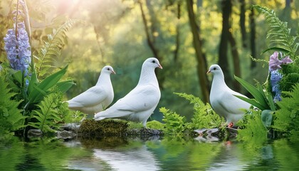 Fototapeta premium Enchanted Waters: Pigeon's Green Forest Oasis