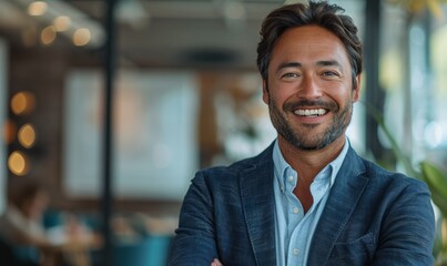 businessman leader, stands with crossed arms and a joyful smile