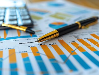 Fototapeta premium Close-up of financial charts and graphs on a desk, analyst reviewing data, pen and notebook, detailed and analytical setting