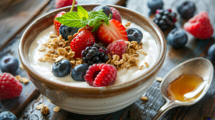 Delicious yogurt topped with fresh strawberries, blueberries, raspberries, blackberries, granola, and mint, served with a drizzle of honey. Yogurt with Fresh Berries and Granola Topping

