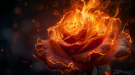 Fiery Rose With Glowing Sparks And Dark Background