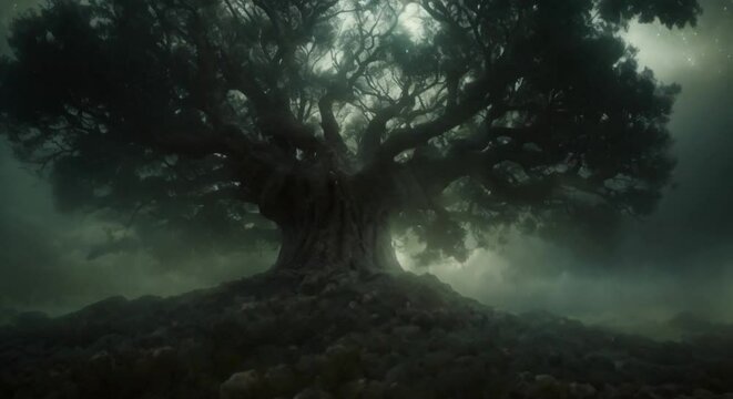 Yggdrasil at dusk, its silhouette a beacon for wandering spirits