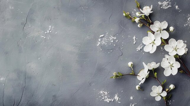 minimalist sympathy card with delicate white flowers on muted grey background copy space
