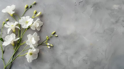 minimalist sympathy card with delicate white flowers on muted grey background copy space