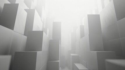 A bright, minimalist background with pale gray cubes soaring upwards in a systematic and triumphant way