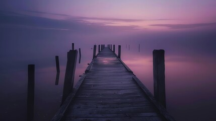 Obraz premium The wooden dock juts out into the still lake, which is shrouded in a purple mist.