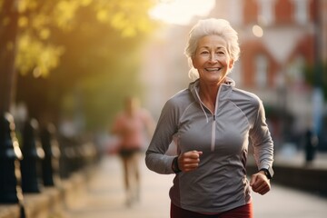 Active elderly female with a joyful expression jogging on a city street at sunrise - Powered by Adobe