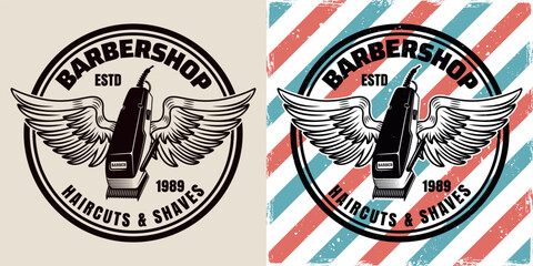Barbershop emblem, label, badge or logo, hair clipper with wings illustration in two styles