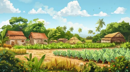 This image showcases a tranquil scene of a green natural landscape under a cloudy sky with lush vegetation, including trees and various plant