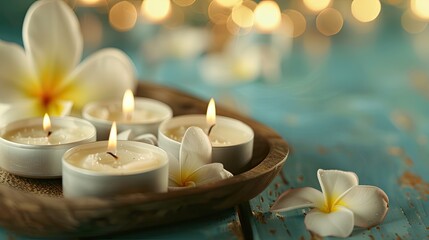 Candles and spa elements on a wooden tray against a blurred background of a beauty salon interior,...