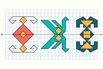 Symmetrical geometric pattern and motif. Geometry line of symmetry. Rectangular region. Mathematics and geometry question. Exam question.