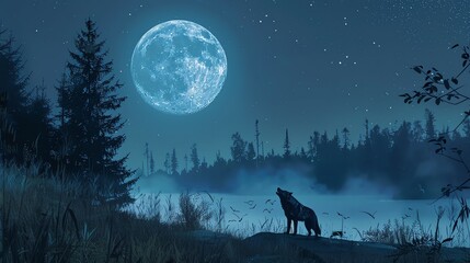 A wolf howls at the moon in the night sky. The full moon is surrounded by stars, and the wolf stands on a rock in front of a lake.
