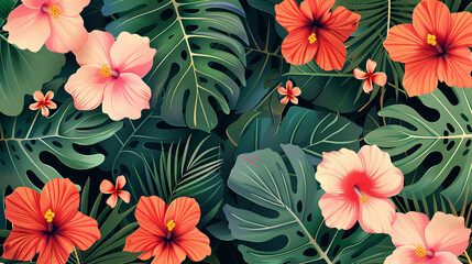 Fototapeta premium Decorative botanical pattern with green leaves and tropical flowers