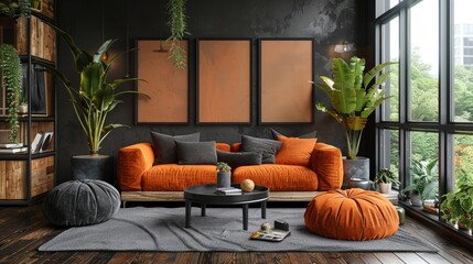 Mockup frame on cabinet in living room interior on empty dark wall background,3D rendering 