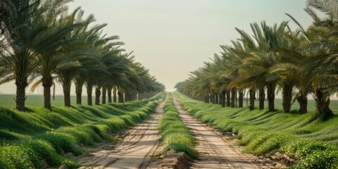 Fototapeta premium The image captures a serene natural landscape adorned with abundant green vegetation, including various trees and plant communities, set against a backdrop of a clear blue sky. The rich botanical.