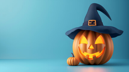 Halloween pumpkin with a classic witch hat isolated on blue, copy space. Jack-o-lantern in a blue witch hat on a matching blue background. Halloween theme with a cheerful pumpkin and blue witch's hat