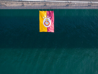 2023-2024 Turkish Super League Champion Galatasaray Flag on 15 July Martyrs Bridge Drone Photo,...