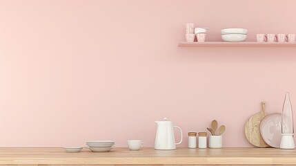 Stylish kitchen shelf with hanging mugs, plates and utensils. White mug on wooden hanger against beige wall background.