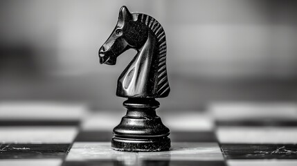 A black knight chess piece stands on a chessboard. The knight is in the foreground and is in focus.