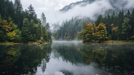 serene forest lake reflecting towering trees and cloudy sky landscape photography