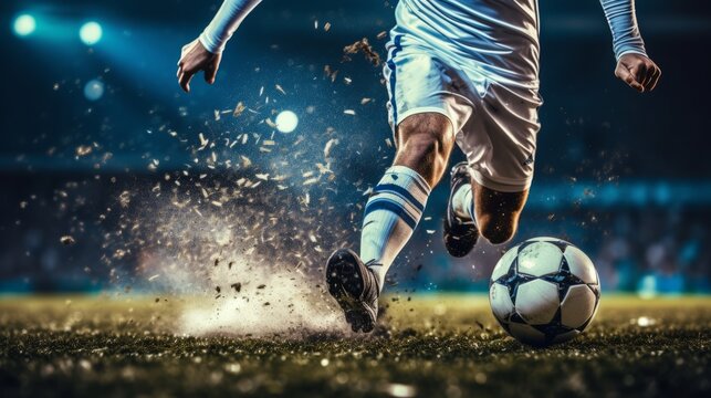 A football is played at speed by the player in the stadium