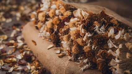 Bouquet of dry flowers on burlap background selective focus toned