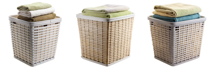 Laundry basket with bath towels, tall, squre, highly detailed isolated on transparent background PNG file