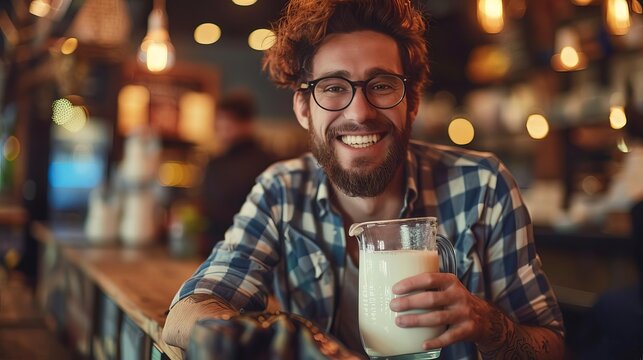 smiling man holding glass milk jug aigenerated fictional character portrait