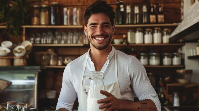 smiling man holding glass milk jug aigenerated fictional character portrait