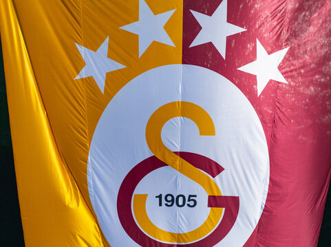 2023-2024 Turkish Super League Champion Galatasaray Flag on 15 July Martyrs Bridge Drone Photo, &Uuml;sk&uuml;dar Istanbul, T&uuml;rkiye (Turkey)