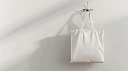 blank canvas tote bag mockup hanging on a hook, perfect for illustrating brand logos or unique designs. 