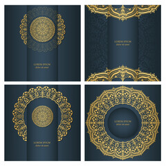 Collection of four backgrounds in blue colour with gold mandala. Ethnic ornament in the design of packaging, invitations, postcards. Luxury design. 
