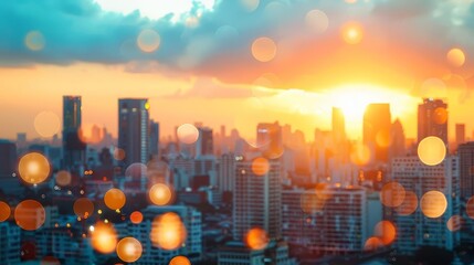 summer sunset cityscape blurred golden hour sky warm urban rooftop view heat wave bokeh lights evening party background