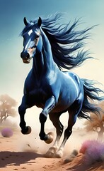 Hoard of mustang horse running in middle of Midwest panorama.