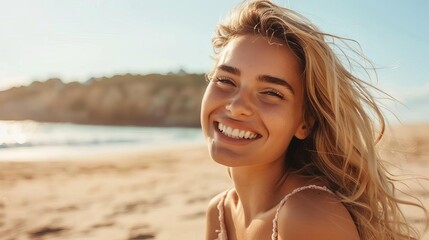 sunkissed portrait of smiling blonde woman on sandy beach carefree summer vacation joyful coastal lifestyle banner