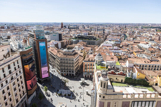 Madrid, SPAIN-April 13, 2023: View from above of the Plaza de Callao in the historic center of the city of Madrid.