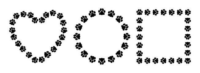 Cat, dog footprint frame. Pets paws border. Black cute animals round, heart and square shape frames. Template banners with silhouette footprints trail and paw path. Vector set © Foxy Fox