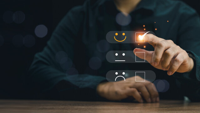 Customer review satisfaction feedback survey concept, User give rating to service experience on online application, Customer services best excellent business rating experience.