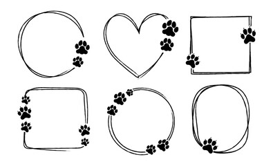 Pet footprint frame. Doodle shape frames with dog or cat paws. Hand drawn outline circle, heart, square boarder with cute animal steps. Adopted animal. Pets love vector concept